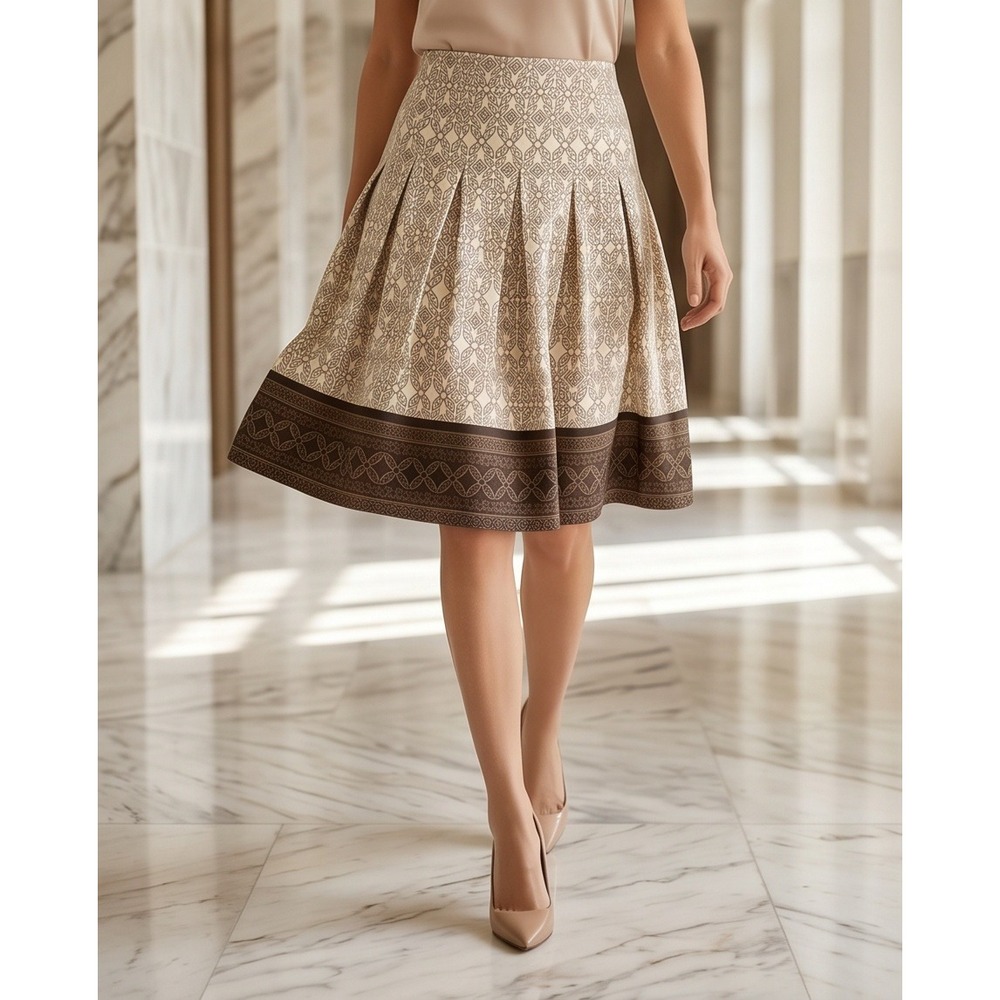 Ann Taylor LOFT 8P Petites Geo Print Pleated A-Line Skirt Brown Cream NEW